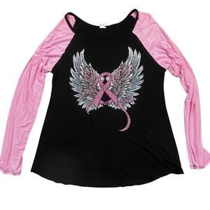 Poppy’s Savannah Pink Ribbon Angel Wings Shirt Women 2XL Fit Large Biker Graphic